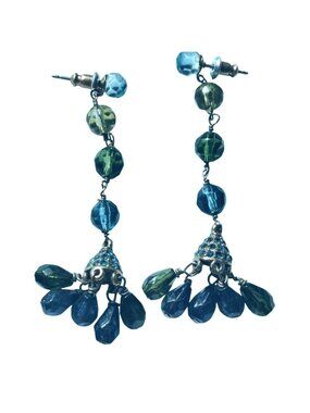 Beaded Dangle Earrings Blue Green Faceted Crystals Pierced Post Back Boho